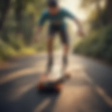Beginner Longboard Adventure A beginner confidently riding a long skateboard down a smooth pathway