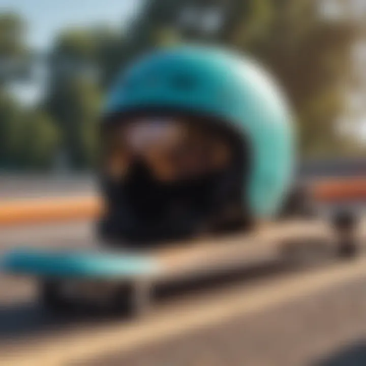 Close-up of specialized longboarding gear like helmets and pads