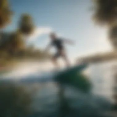 A serene lake scene showcasing a wakesurfer skillfully gliding over the water.