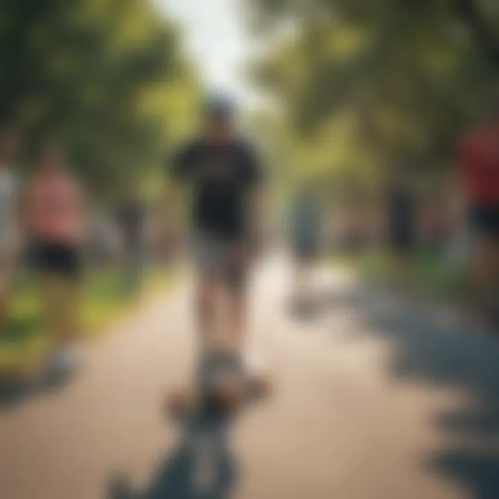 A diverse group of longboarders enjoying a community event in a park