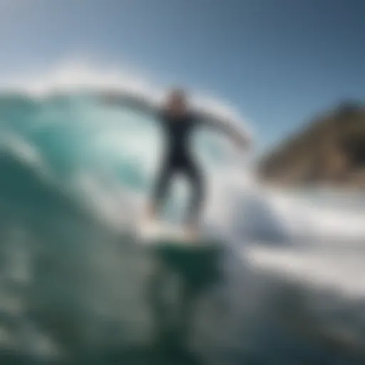 An expert surfer demonstrating speed skim technique on a wave