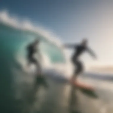 Diverse group of surfers practicing speed skim in varying surf conditions