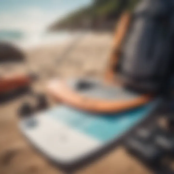 Close-up of essential paddleboarding gear laid out on a beach