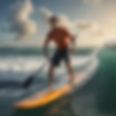 Embracing the Waves Dynamic shot of a paddleboarder navigating through waves