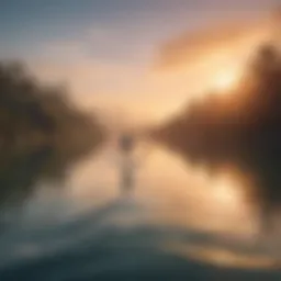 A serene view of a paddleboarder gliding across calm waters at sunrise