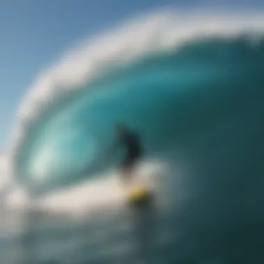 Riding the Crest of a Wave A stunning ocean wave with a surfboard riding the crest