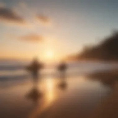 A serene beach setting with surfers enjoying the sunset