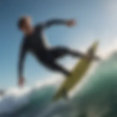 A surfer performing a trick mid-air above the water