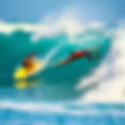 A vibrant scene of surfers catching waves