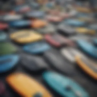 Diverse types of wakesurf fins displayed on a surface