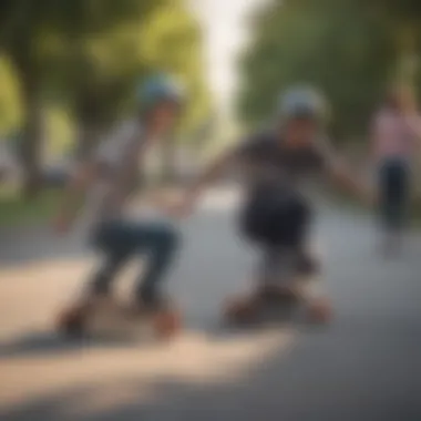 A group of riders enjoying a leisurely ride on motorized skateboards in a park.