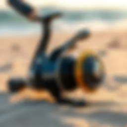 Close-up view of surf fishing reel on sandy beach
