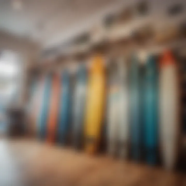 Surfboard selection displayed in a well-stocked shop