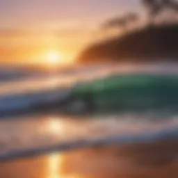 A vibrant sunset over a surf beach with surfers catching waves