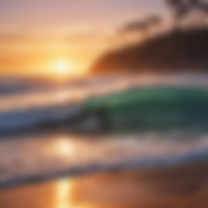 A vibrant sunset over a surf beach with surfers catching waves