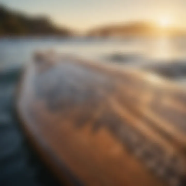 Close-up of a surfboard adorned with tribal designs