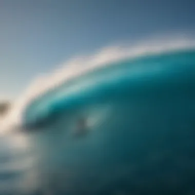 An aerial view of surfers riding the massive waves at Banzai Pipeline.