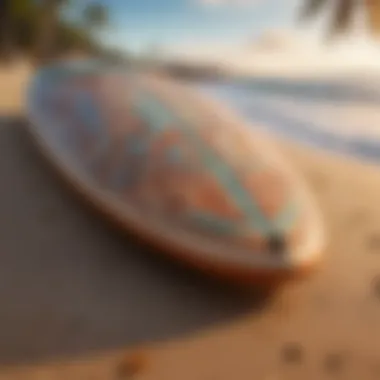 A close-up of a surfboard with intricate designs resting on the sandy beach.