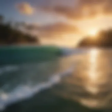 Sunset at Waimea Bay: A Surfing Paradise A breathtaking view of the iconic Waimea Bay during sunset, showcasing powerful waves.