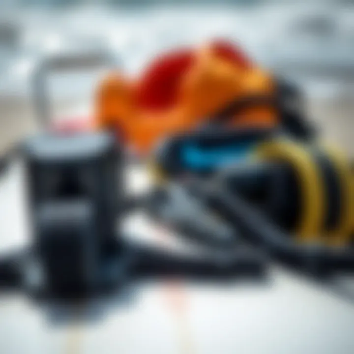 Essential Surf Gear A close-up of surf equipment including a surfboard and leash