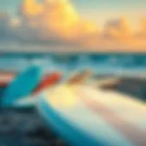 A vibrant beach scene with surfboards lined up on the sand