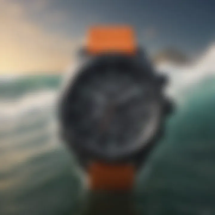 Close-up of Nixon Ultratide watch face displaying surf conditions