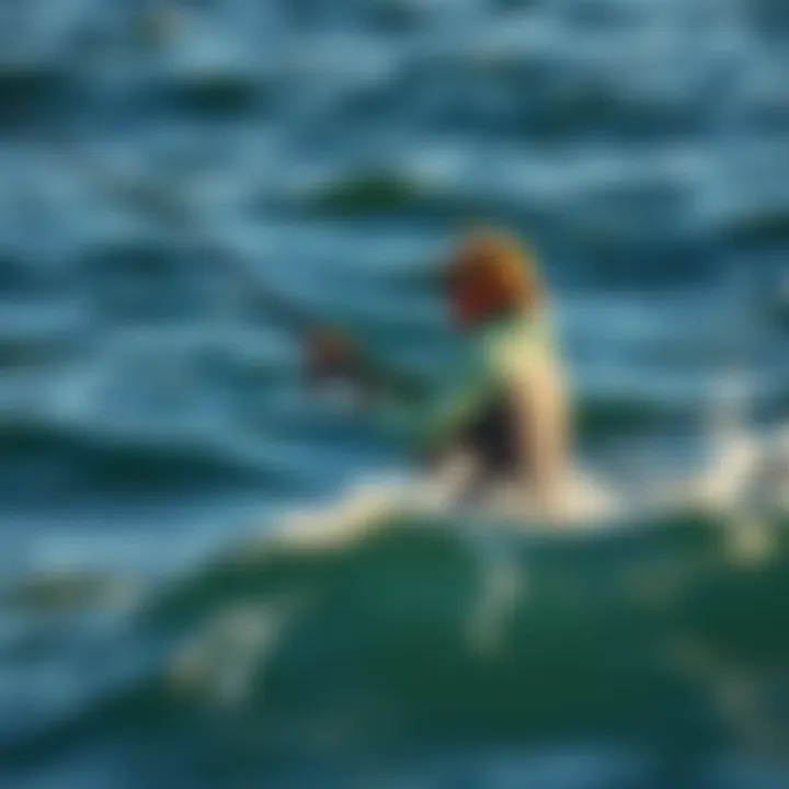 Casting with Precision A fisherman casting a line with a surf rod in the ocean.