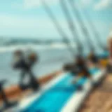 A picturesque view of the beach with surf rods and reels set up for fishing.