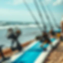 A picturesque view of the beach with surf rods and reels set up for fishing.