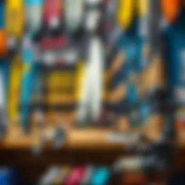 Surf Gear Options Available An array of surf rod and reel combos displayed in a retail setting.