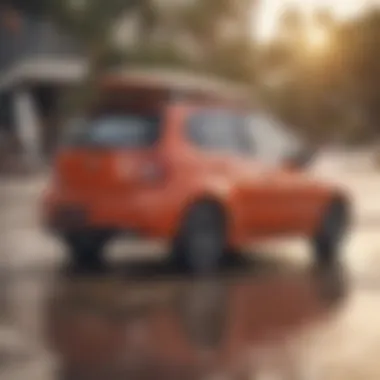 Compact hatchback with a surfboard secured on the roof.