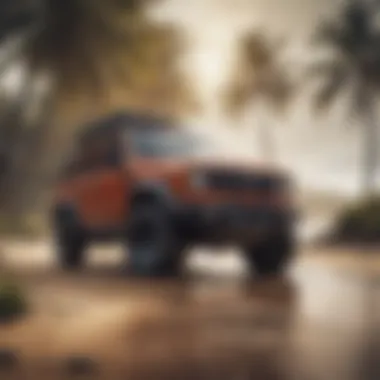 A rugged SUV parked near the beach, equipped for surfing gear.