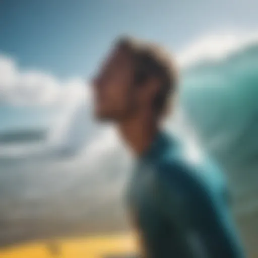 Surfer practicing deep breathing techniques on the beach