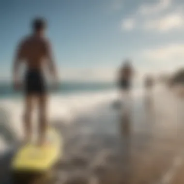 Group of surfers engaging in fitness training on the shore