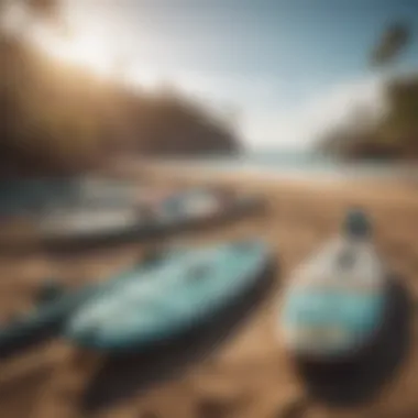 A selection of various paddle boards displayed on a beach.