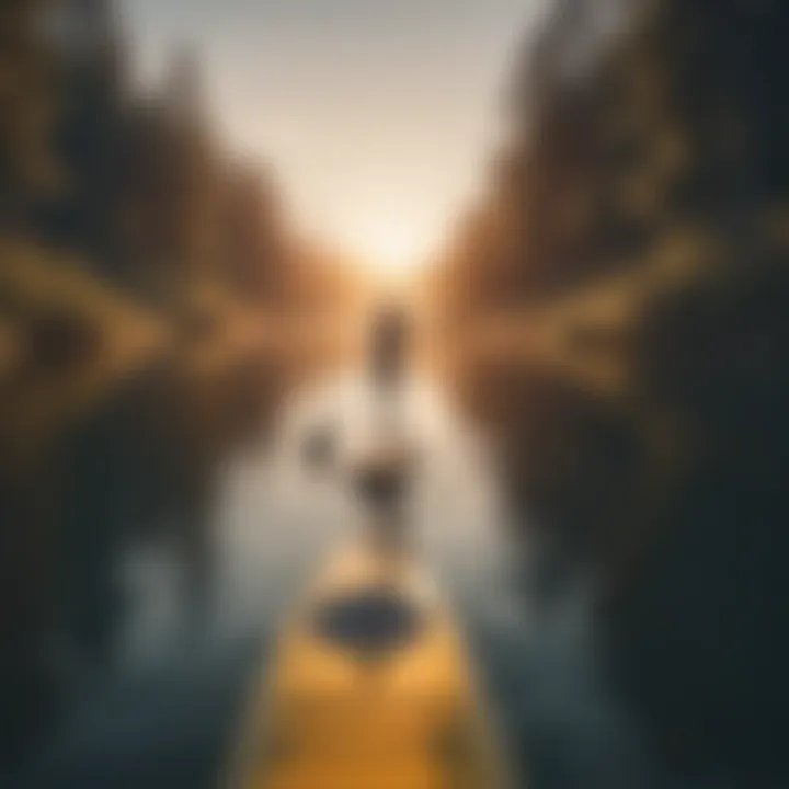 A serene lake scene with a person paddling on a board at sunset.