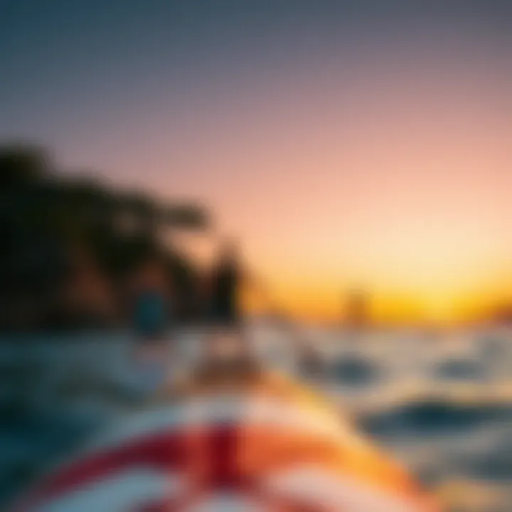 Scenic view of paddle boarders enjoying sunset