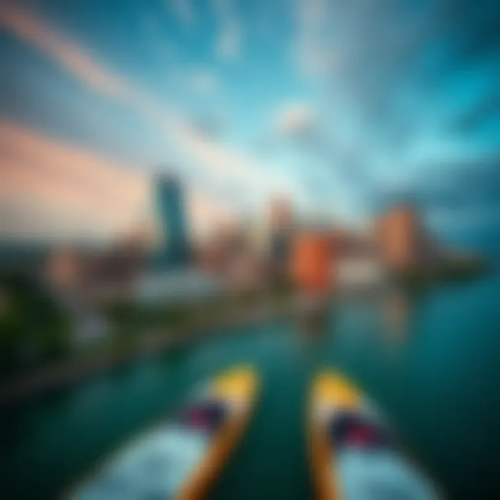 Aerial View of Austin Skyline with Paddle Boards An aerial shot of the vibrant Austin skyline with paddle boards in the foreground