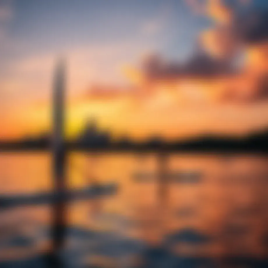 A serene view of Lady Bird Lake with paddle boarders enjoying the sunset