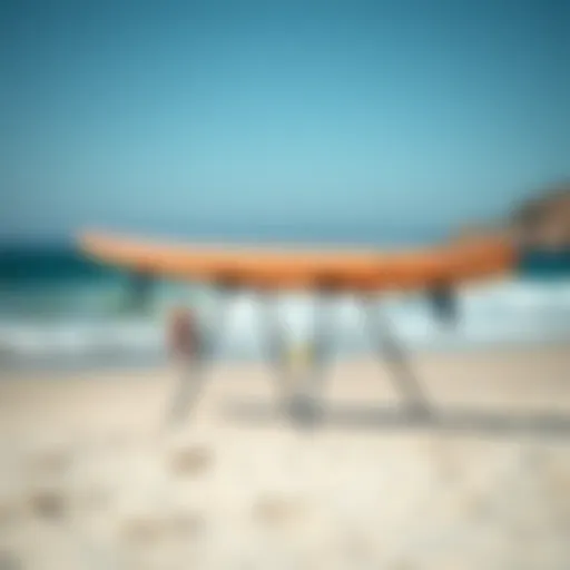 Portable surfboard stand on a sandy beach