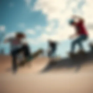 Powell Peralta team riders performing tricks at a skate park