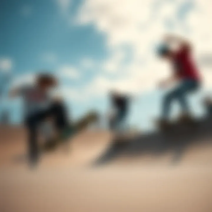 Powell Peralta team riders performing tricks at a skate park