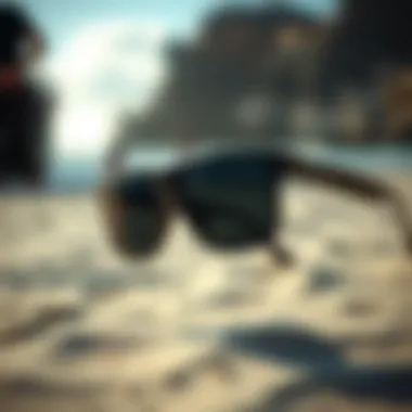 Surfing sunglasses with prescription lenses on a beach