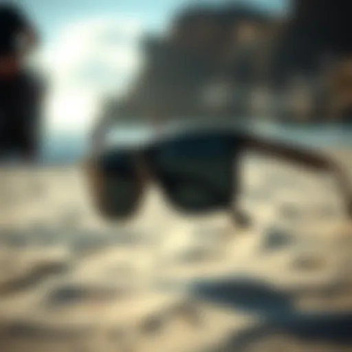Surfing sunglasses with prescription lenses on a beach