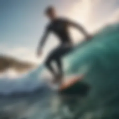 Surfer riding a propelled surfboard in action on the ocean waves