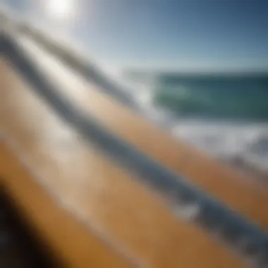 Close-up of a surfboard with water droplets