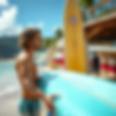 An individual selecting a surfboard at the beach
