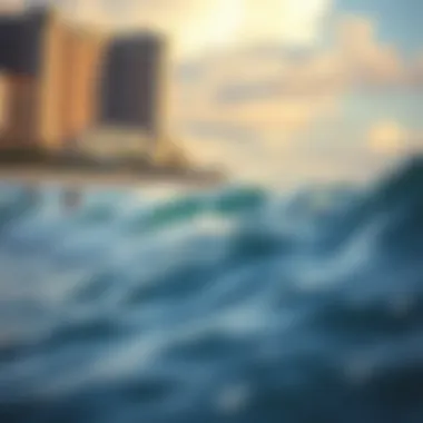 A picturesque view of Waikiki beach with surfers riding waves