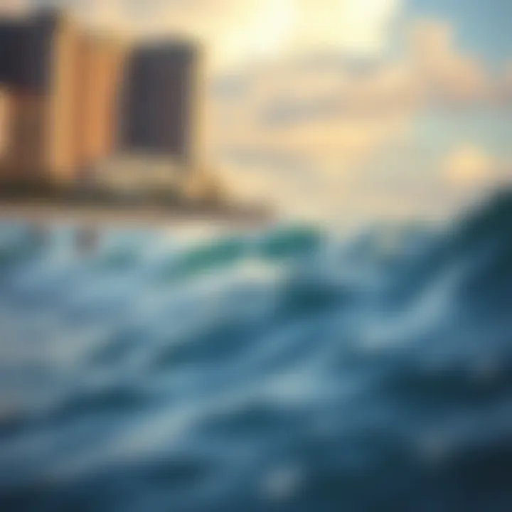 A picturesque view of Waikiki beach with surfers riding waves