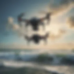Drone soaring above the ocean waves with surf anglers in action